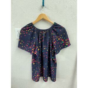 Vintage 1970s Navy Colorful Flutter Sleeve Top by California Prints Large